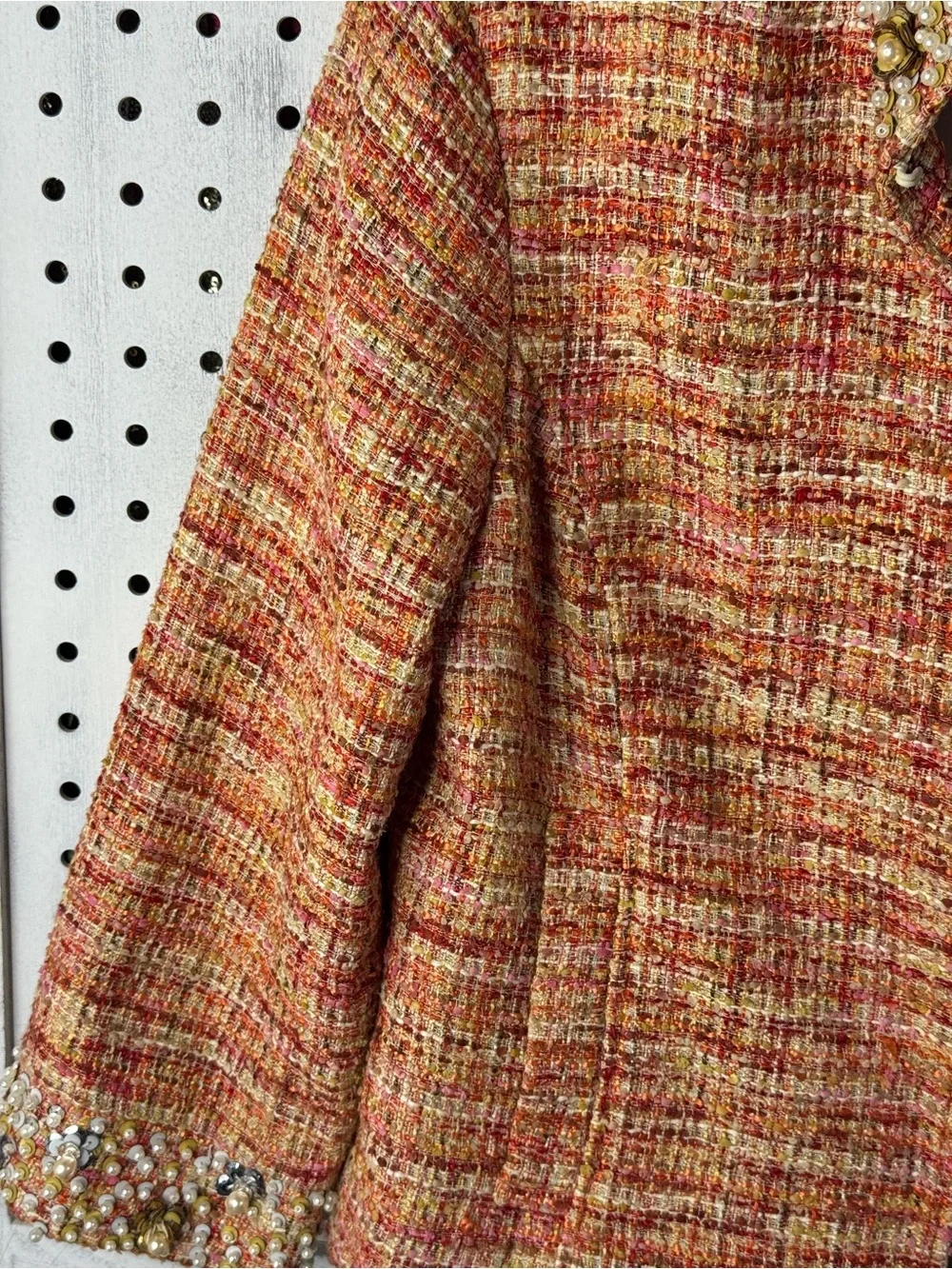 Chico’s Beaded Tweed Jacket Peach Orange Boucle Career Chic SZ 1 Classic Preppy